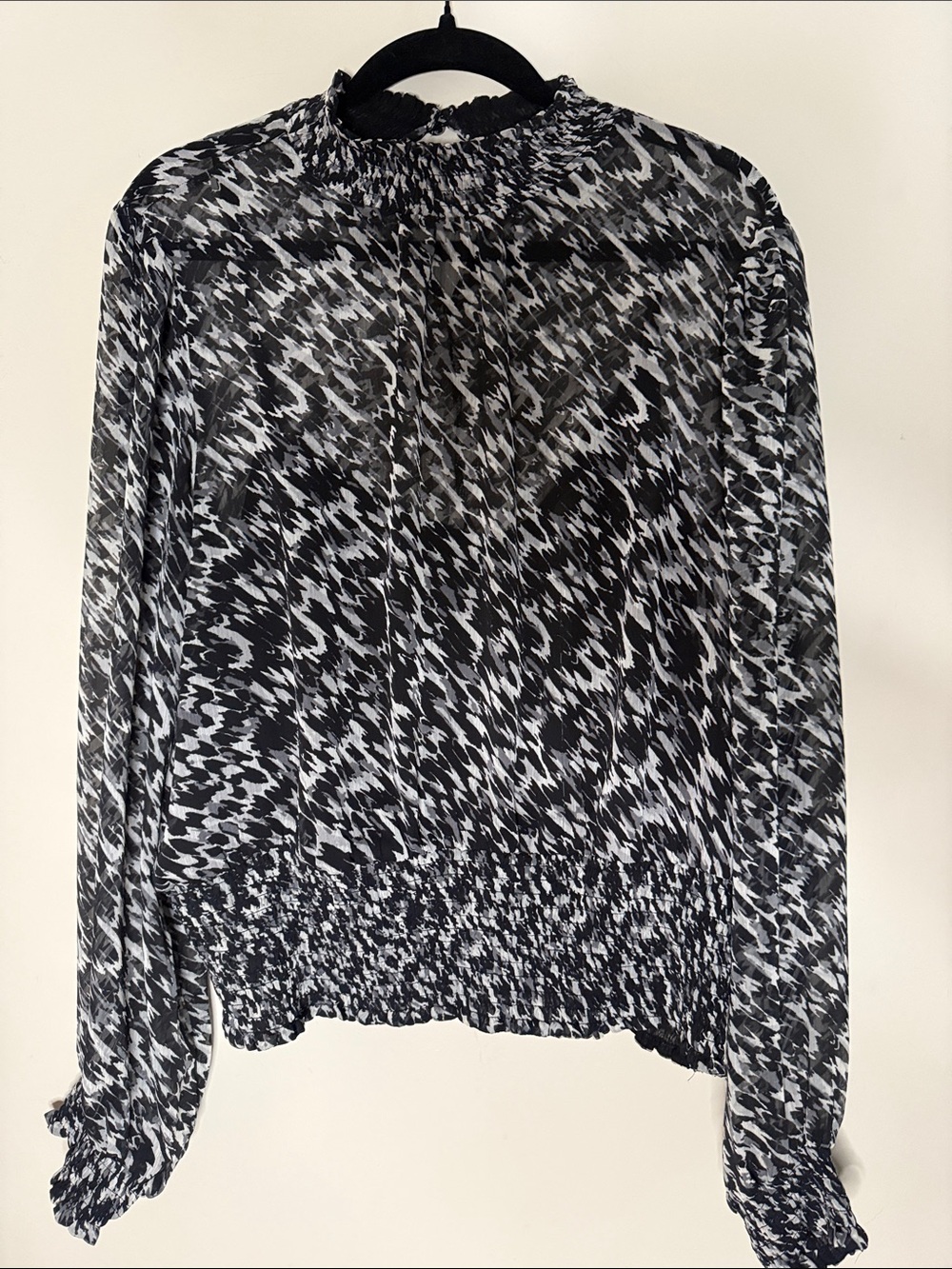 Express Black and White Printed Smocked High-Neck Long Sleeve Top